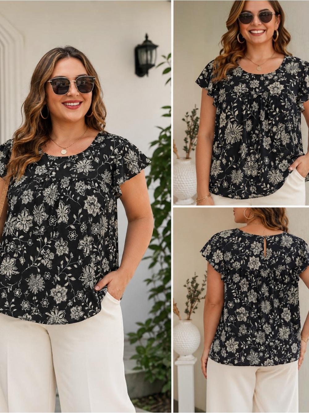 Sonoma Goods For Life XXL Black Cream Floral Rayon Flutter Sleeve Swing Blouse